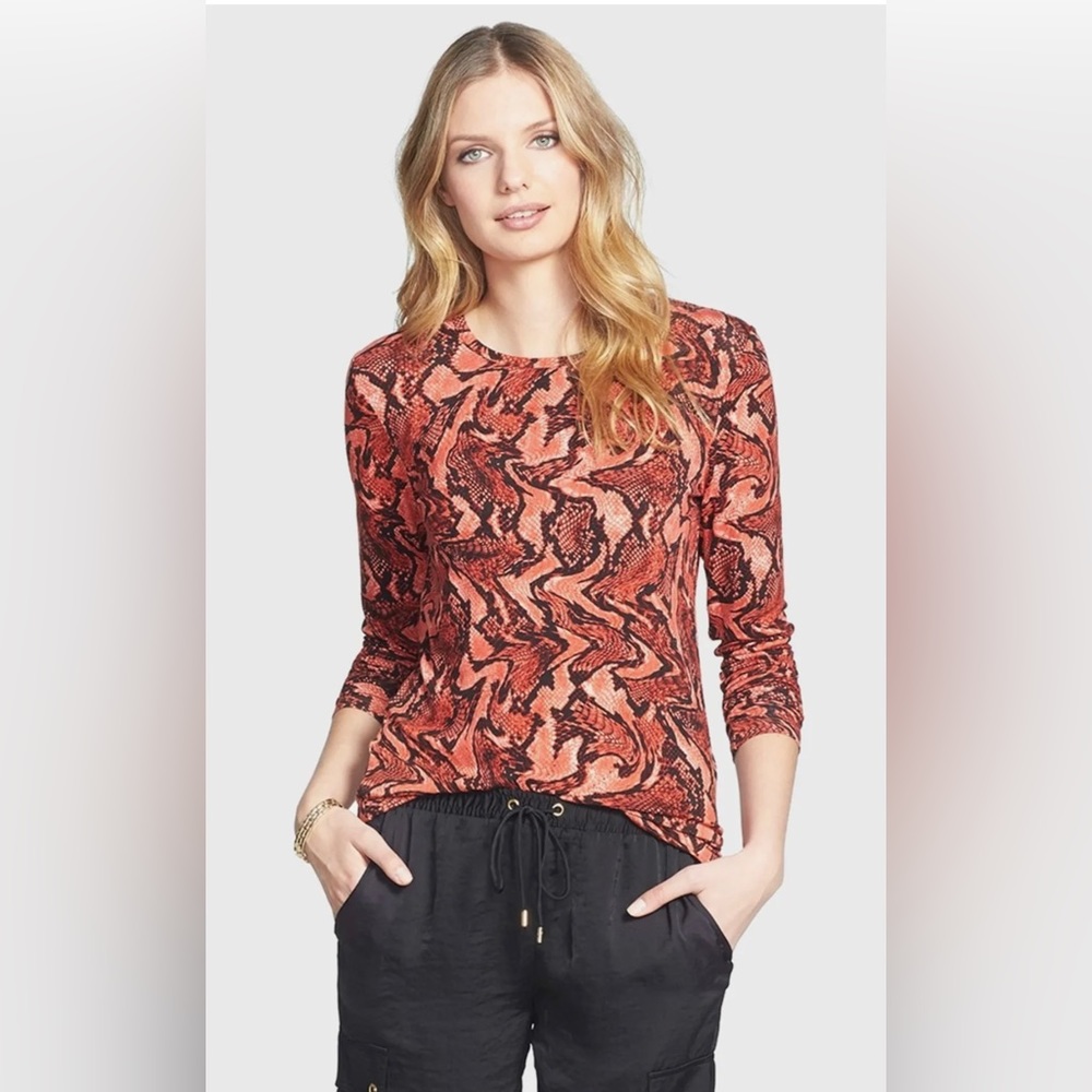 Michael Kors Hot Coral Snakeskin Stretch Knit Blouse Crewneck Tee Top Sz 2XL